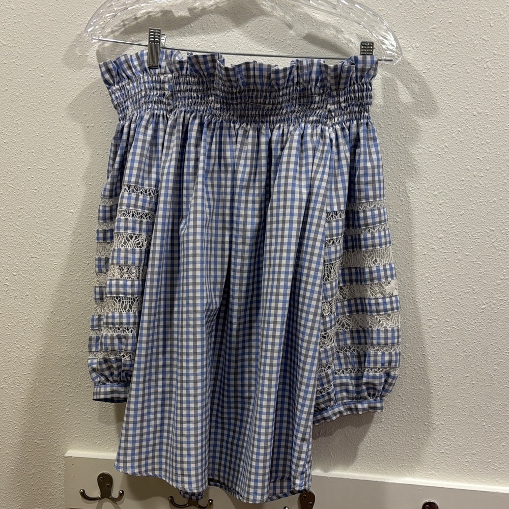 Mi Golondrina Blue Gingham Off-Shoulder Smocked Blouse
